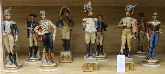 A set of six Italian painted moulded Louis XVI style soldiers and three Napoleonic soldiers (9)